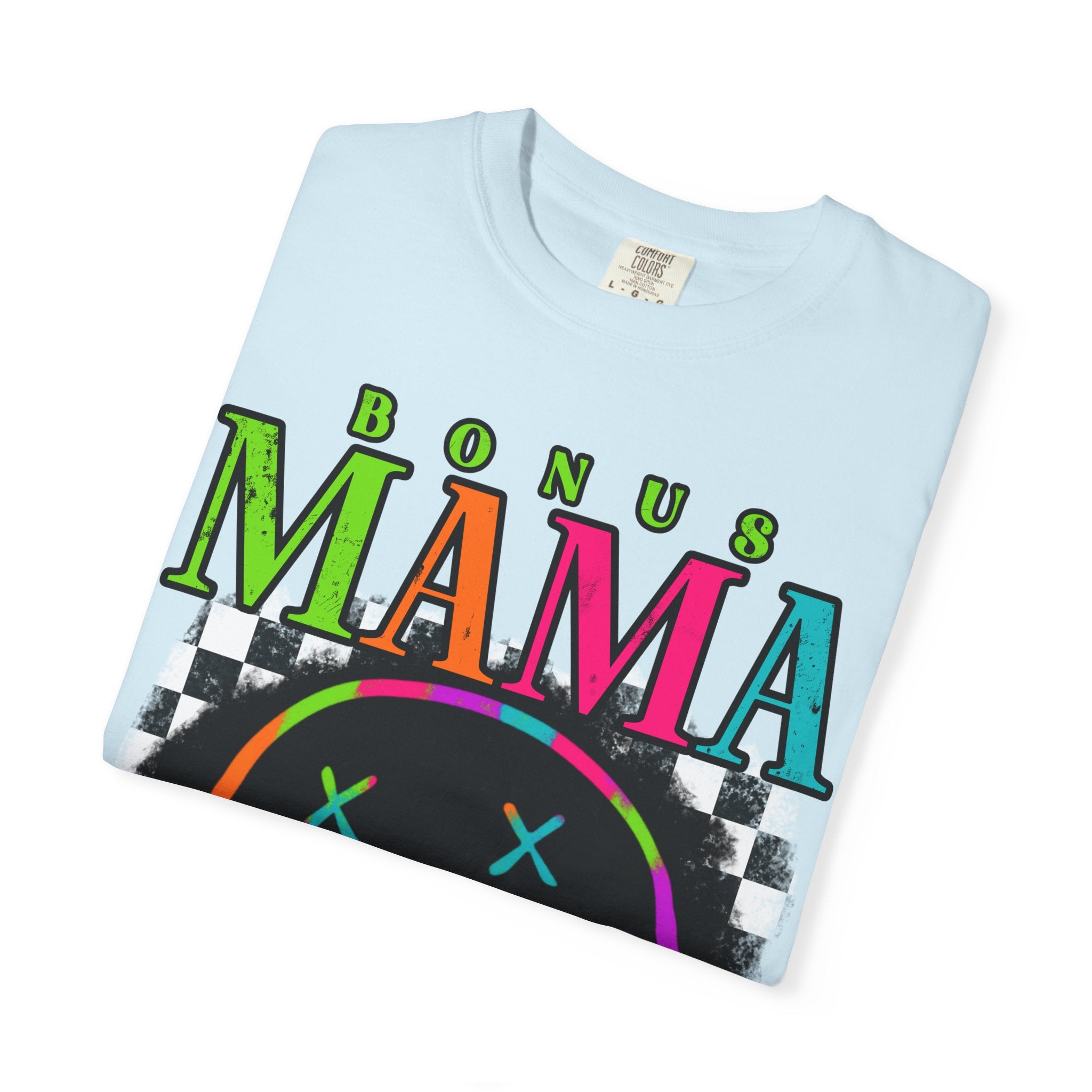 Bonus Mama Graphic T-Shirt — Neon Smiley Checkerboard Retro Tee