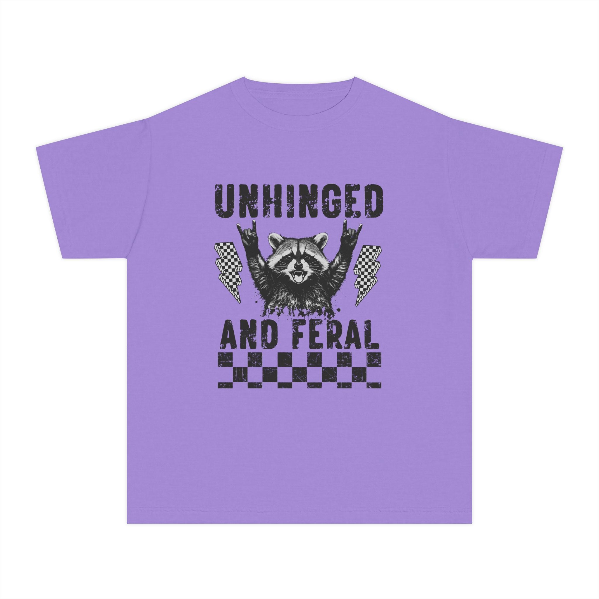 Youth Tee — "Unhinged and Feral" Raccoon Graphic