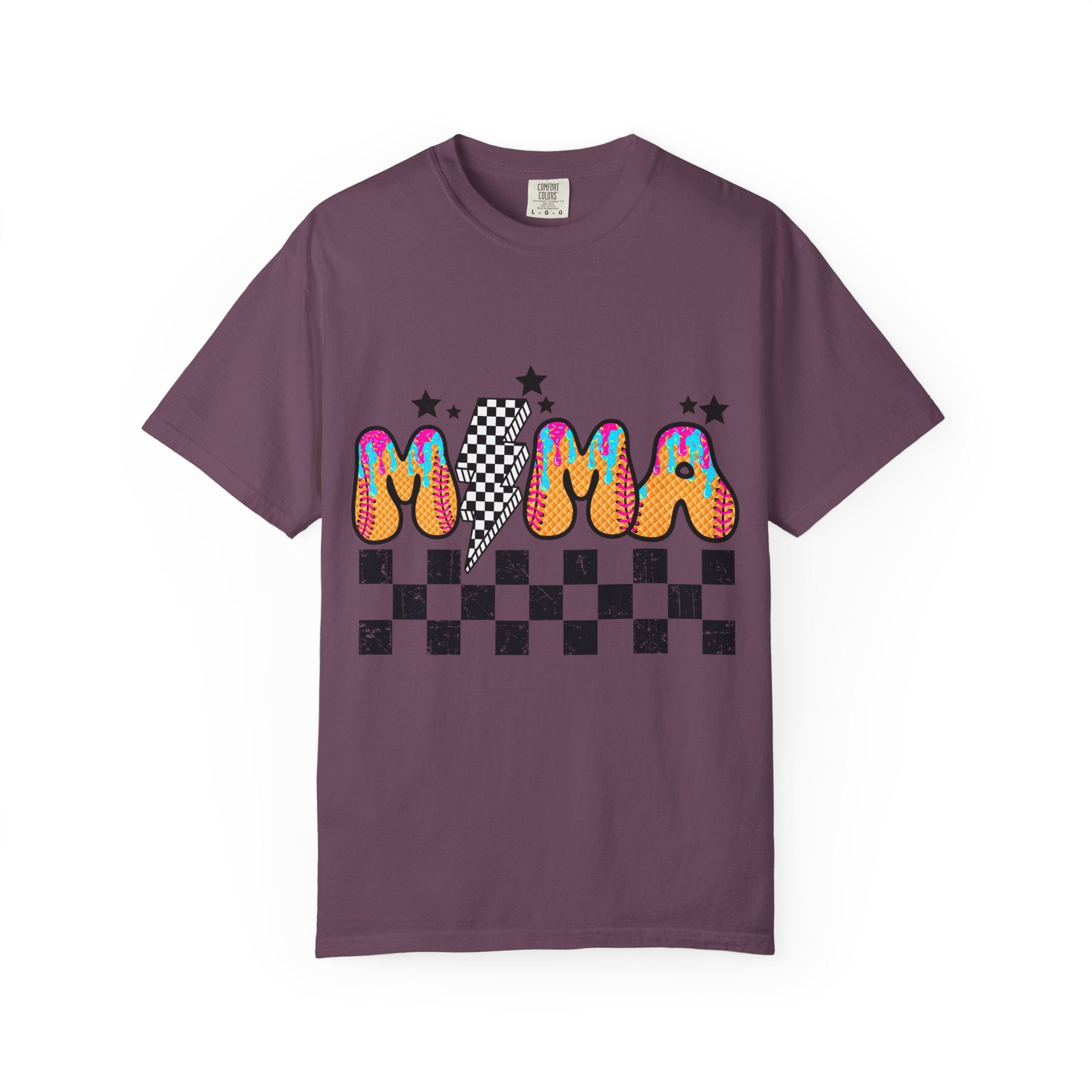 Retro Mama T-Shirt — Colorful Psychedelic 'MAMA' Graphic with Checkerboard