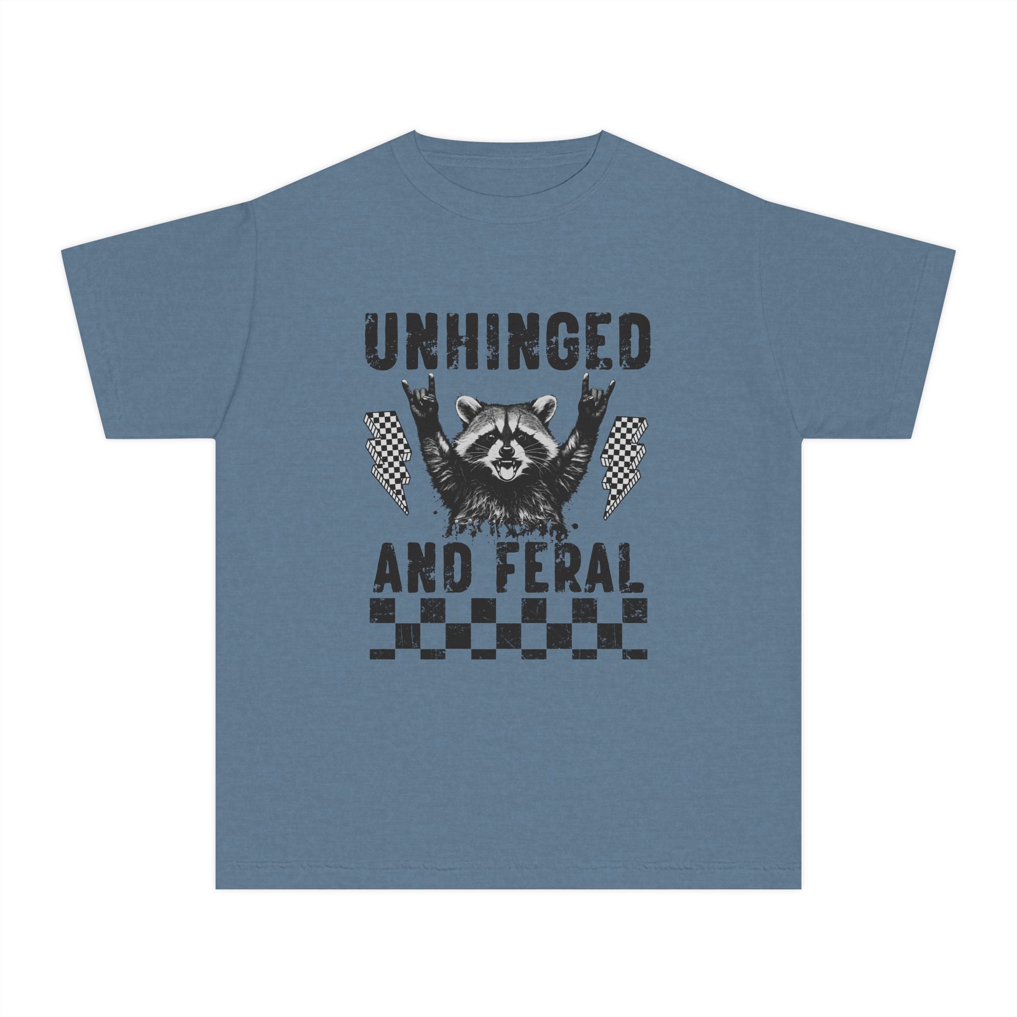 Youth Tee — "Unhinged and Feral" Raccoon Graphic