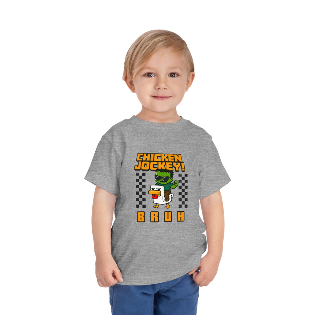 Toddler Tee — "Chicken Jockey! Bruh" Cartoon Racer Chicken Kids Shirt