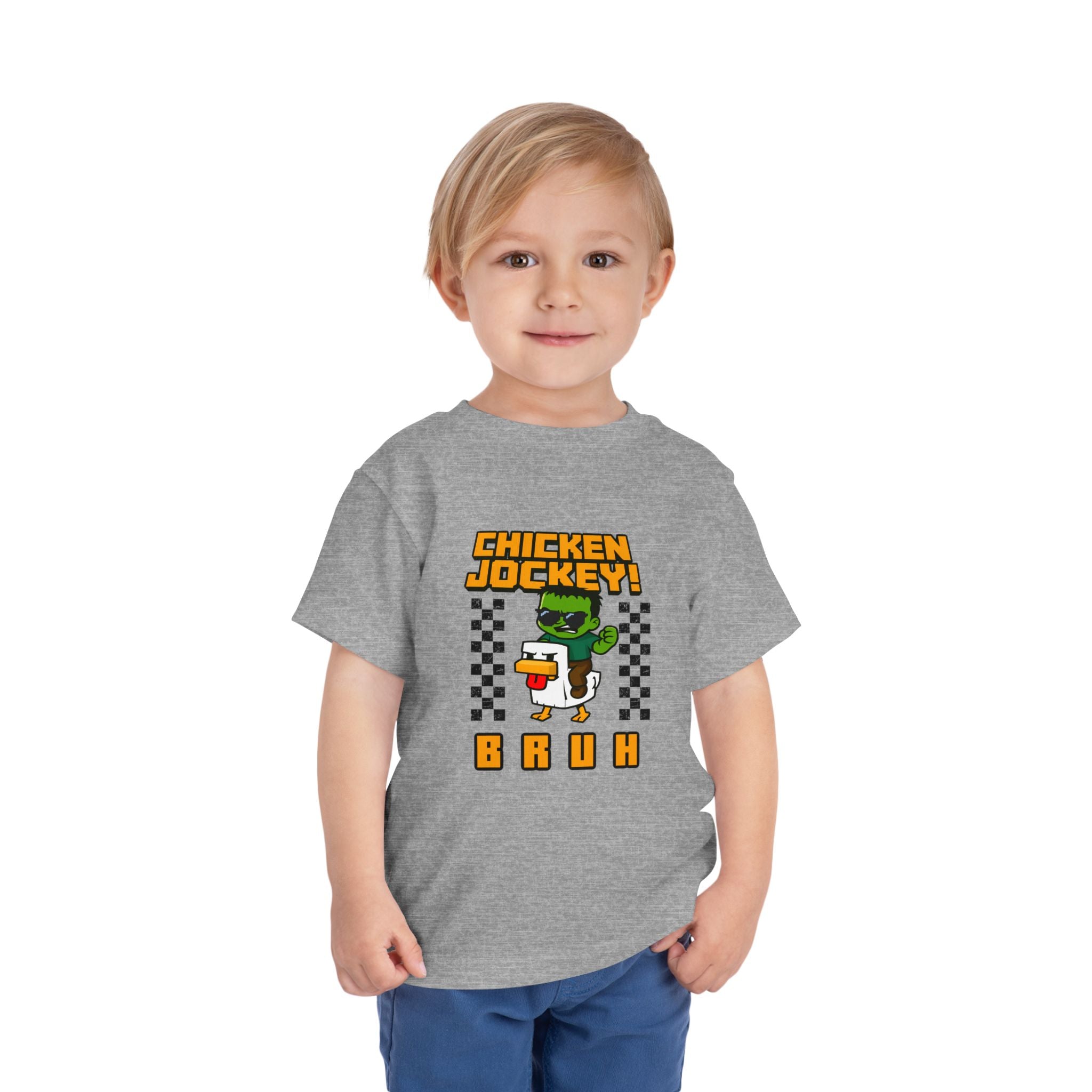Toddler Tee — "Chicken Jockey! Bruh" Cartoon Racer Chicken Kids Shirt