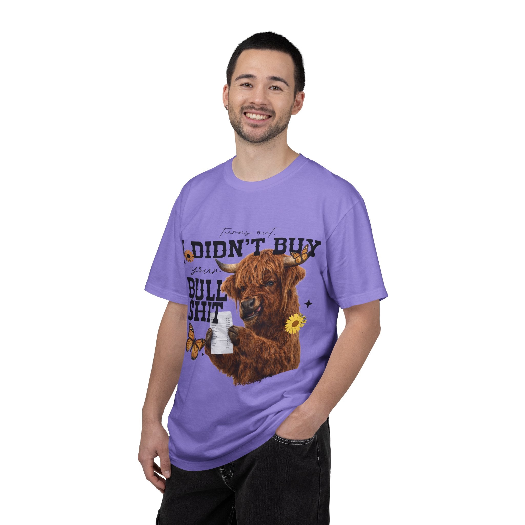 I Didn't Buy Bullshit T-Shirt – Highland Cow with Sunflower & Butterfly Graphic