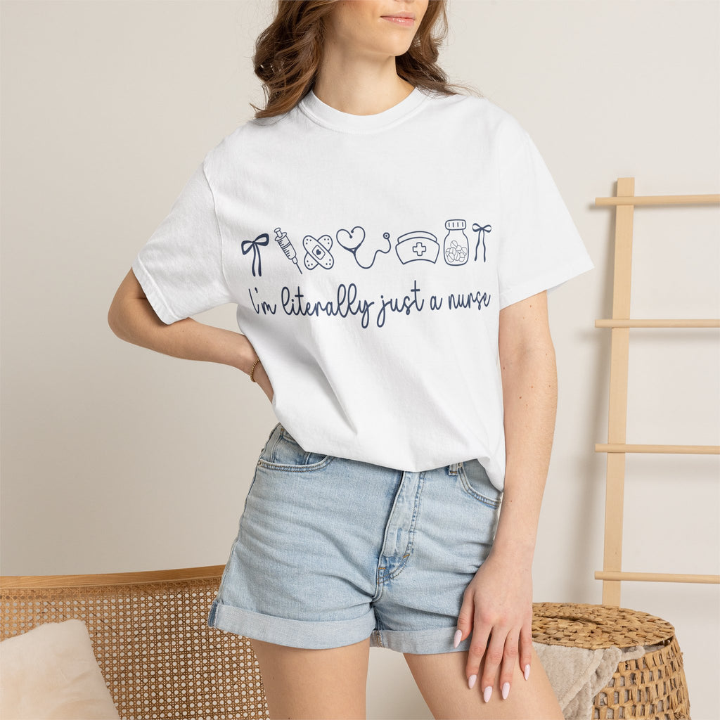 Nurse Crewneck T-Shirt — "I'm Literally Just a Nurse" Minimal Medical Icons Tee