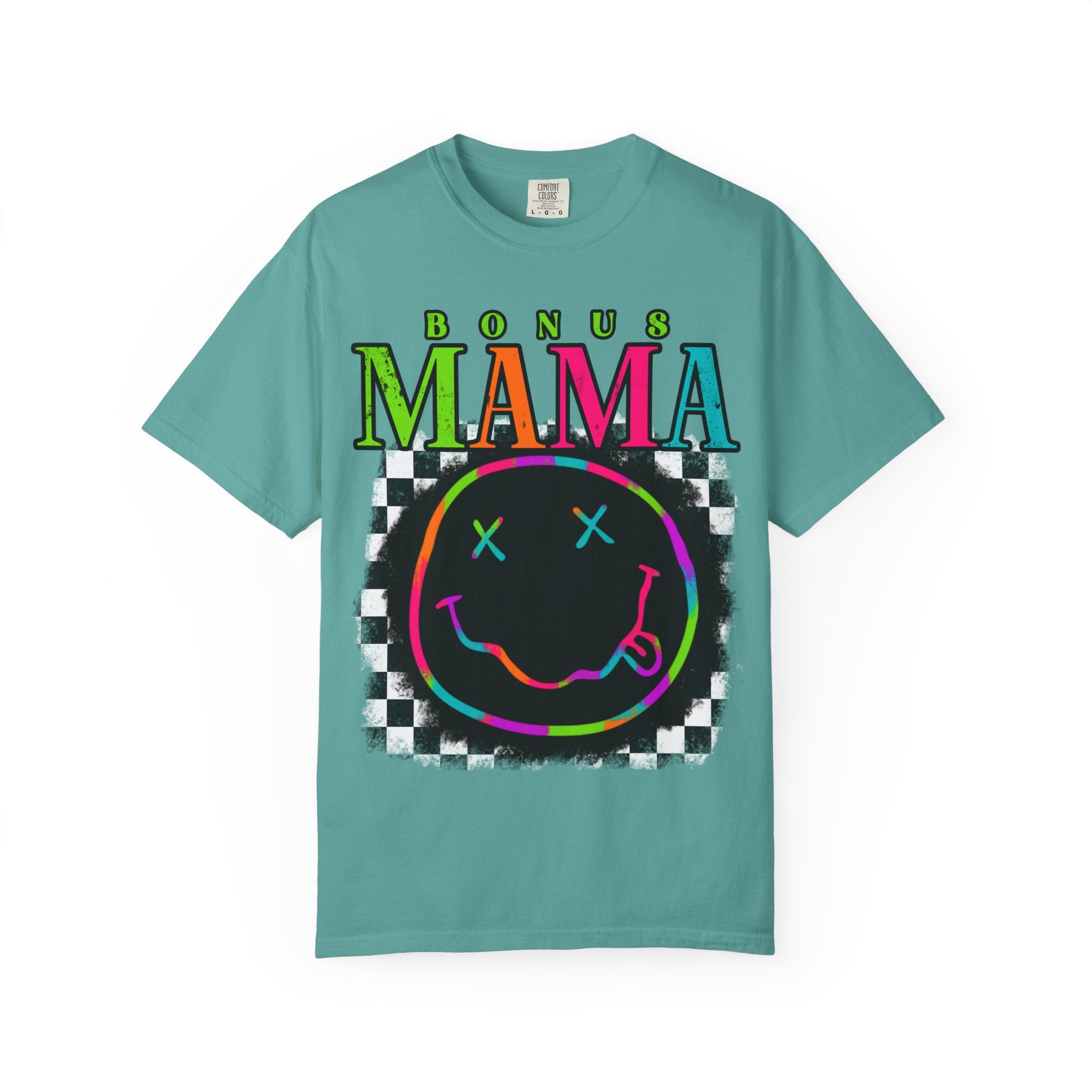 Bonus Mama Graphic T-Shirt — Neon Smiley Checkerboard Retro Tee