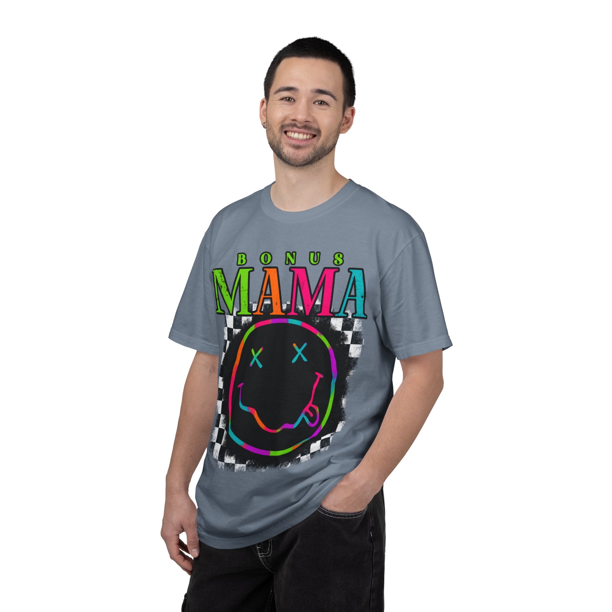 Bonus Mama Graphic T-Shirt — Neon Smiley Checkerboard Retro Tee