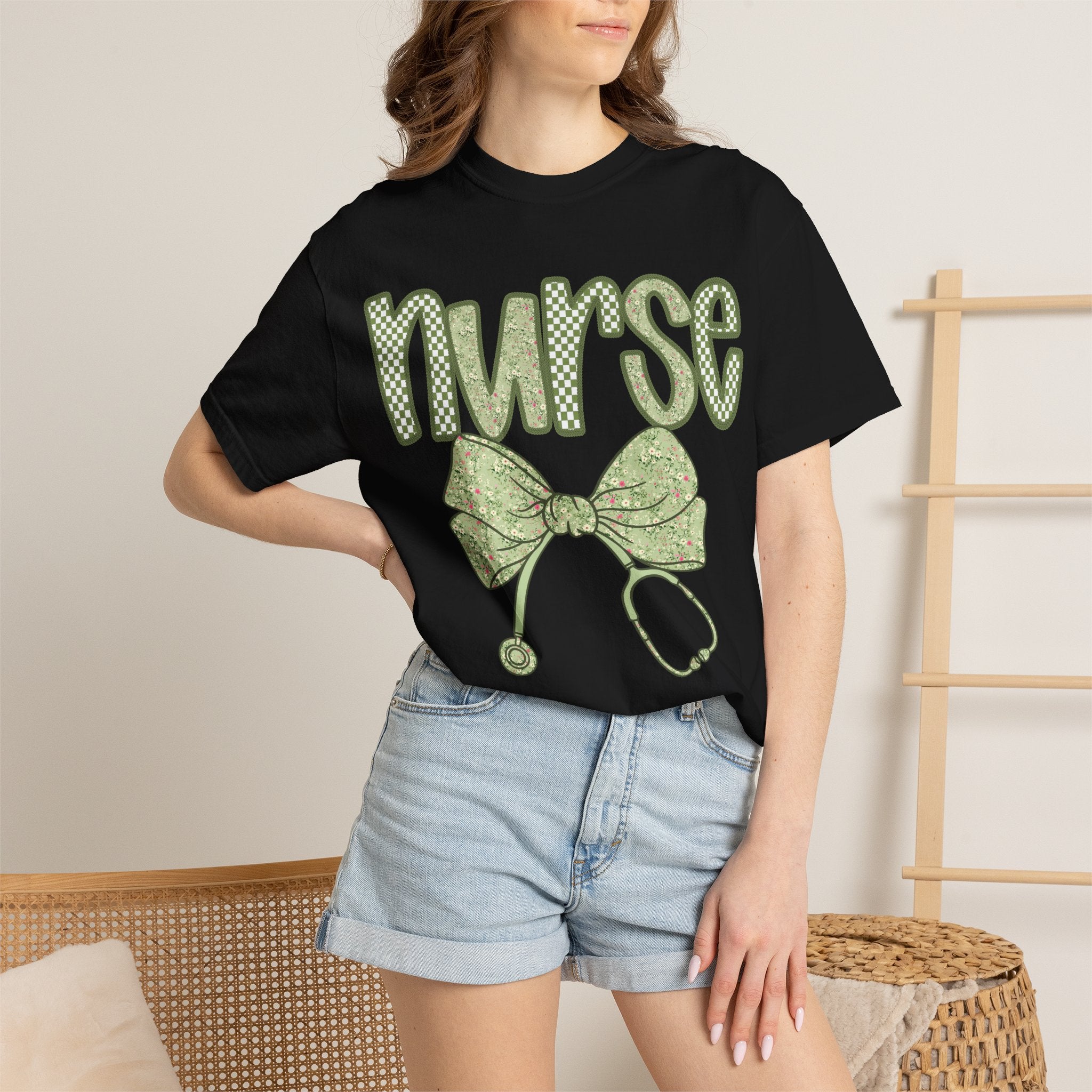 Nurse Bow Stethoscope T-Shirt — Cute Green Nurse Graphic Tee