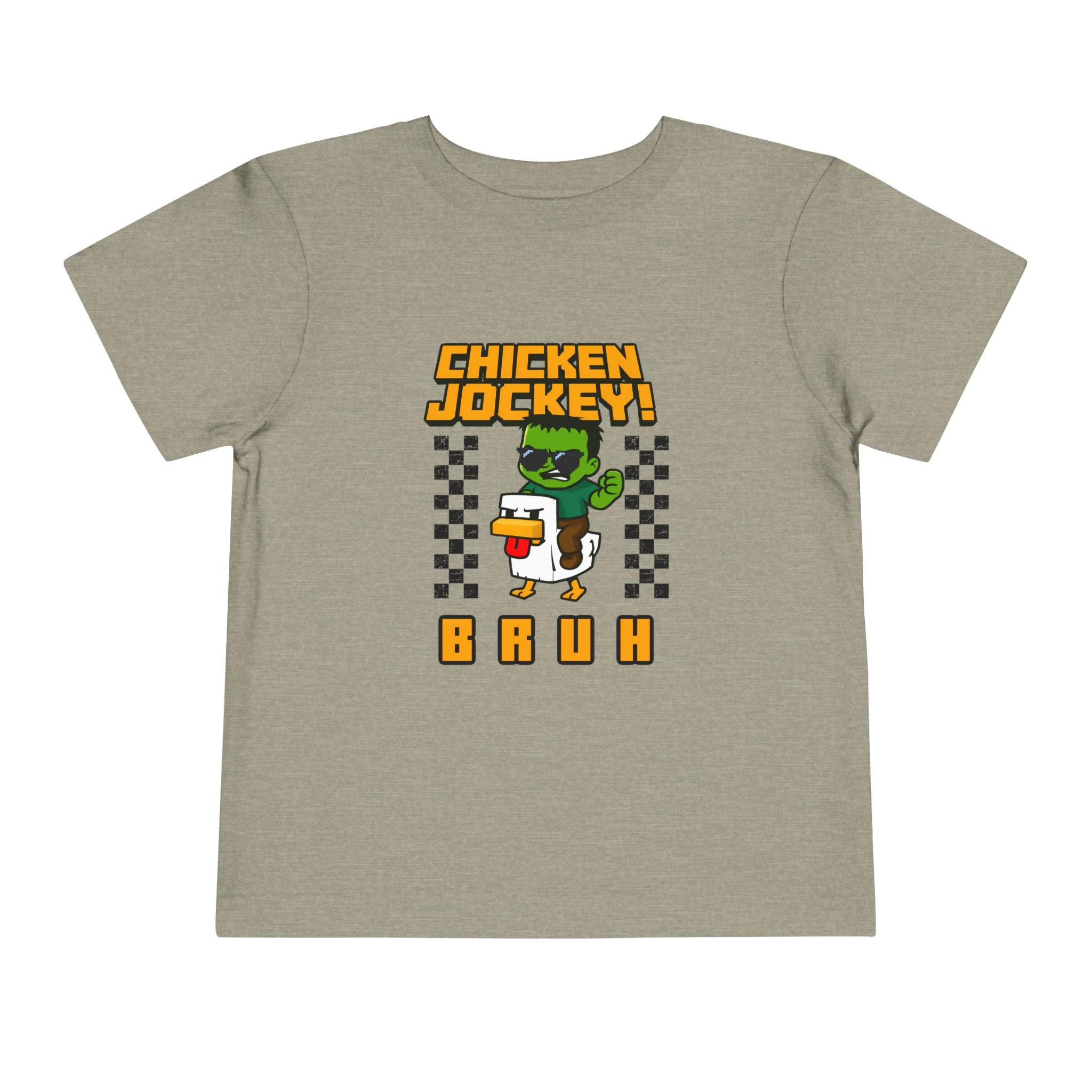 Toddler Tee — "Chicken Jockey! Bruh" Cartoon Racer Chicken Kids Shirt