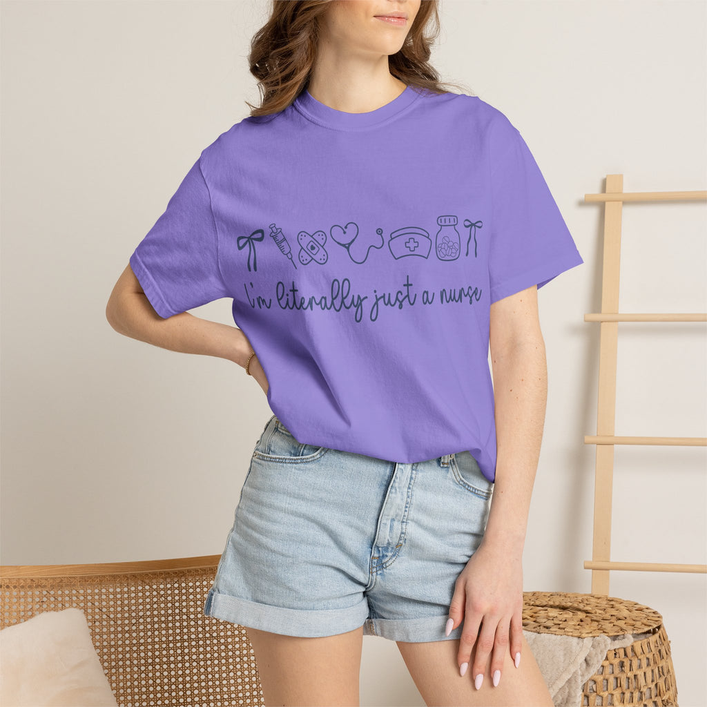 Nurse Crewneck T-Shirt — "I'm Literally Just a Nurse" Minimal Medical Icons Tee