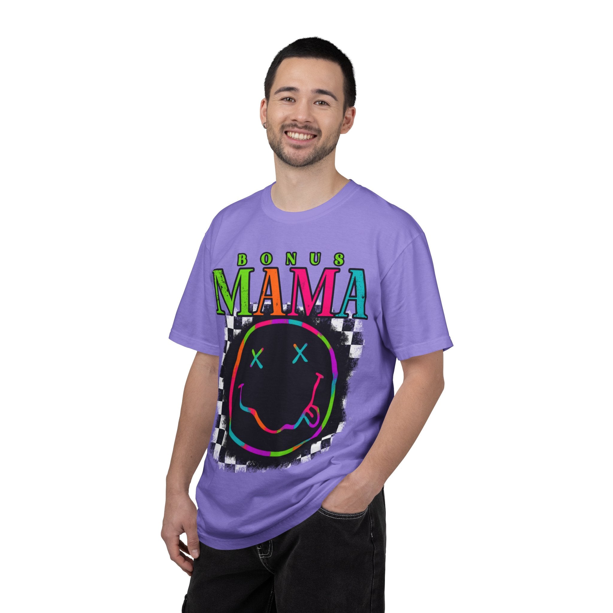 Bonus Mama Graphic T-Shirt — Neon Smiley Checkerboard Retro Tee