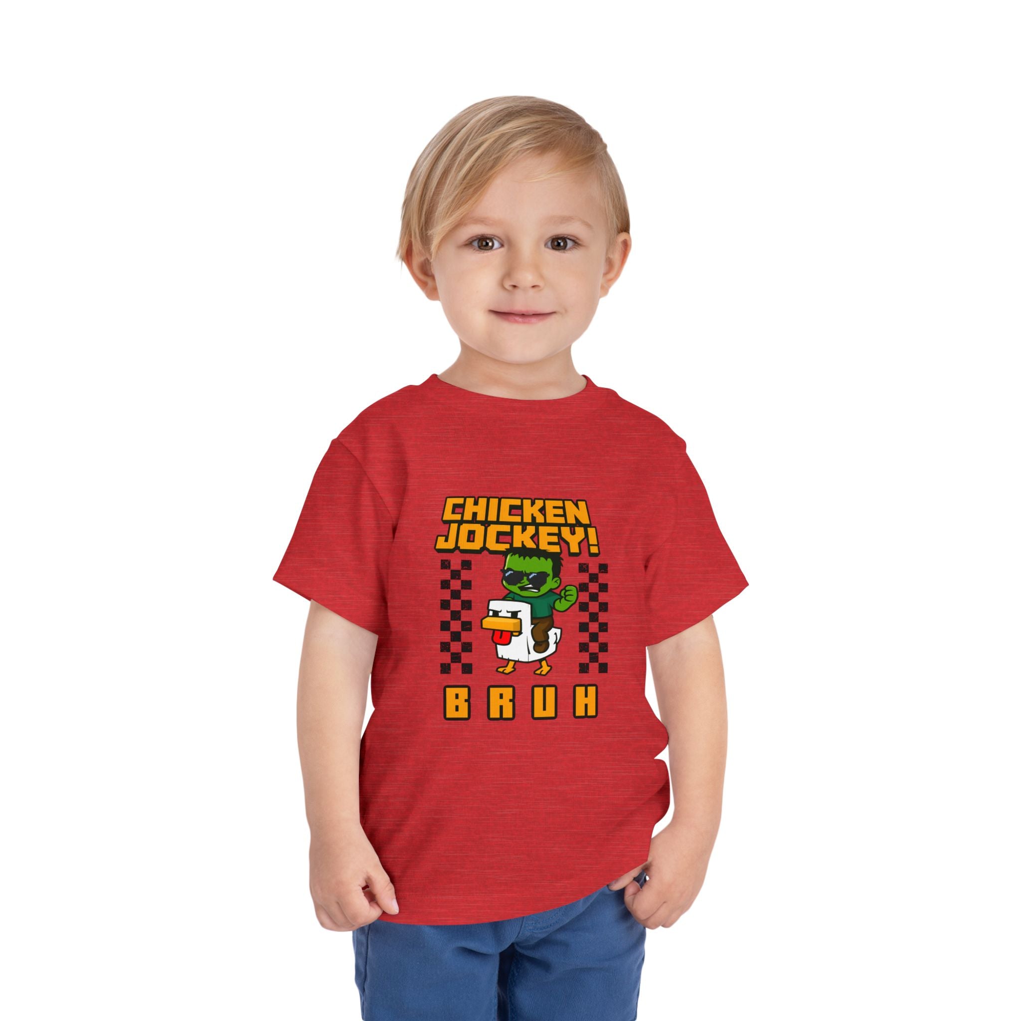Toddler Tee — "Chicken Jockey! Bruh" Cartoon Racer Chicken Kids Shirt
