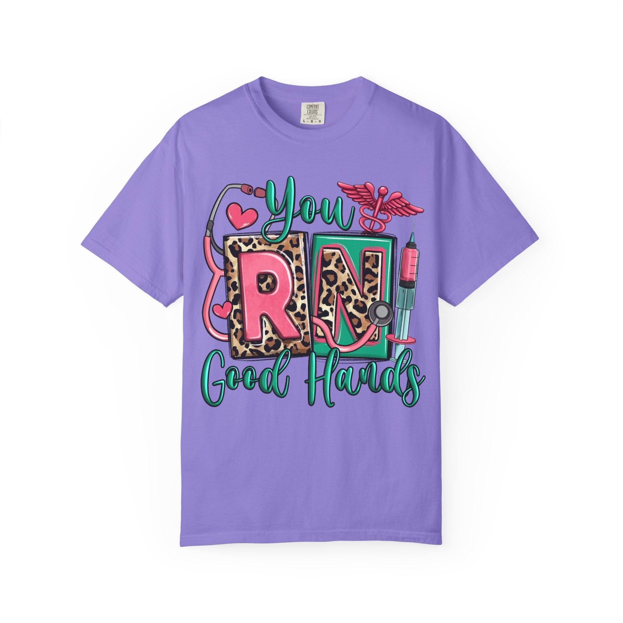 RN Good Hands T-Shirt — Cute Leopard Nurse Graphic Tee for Registered Nurses