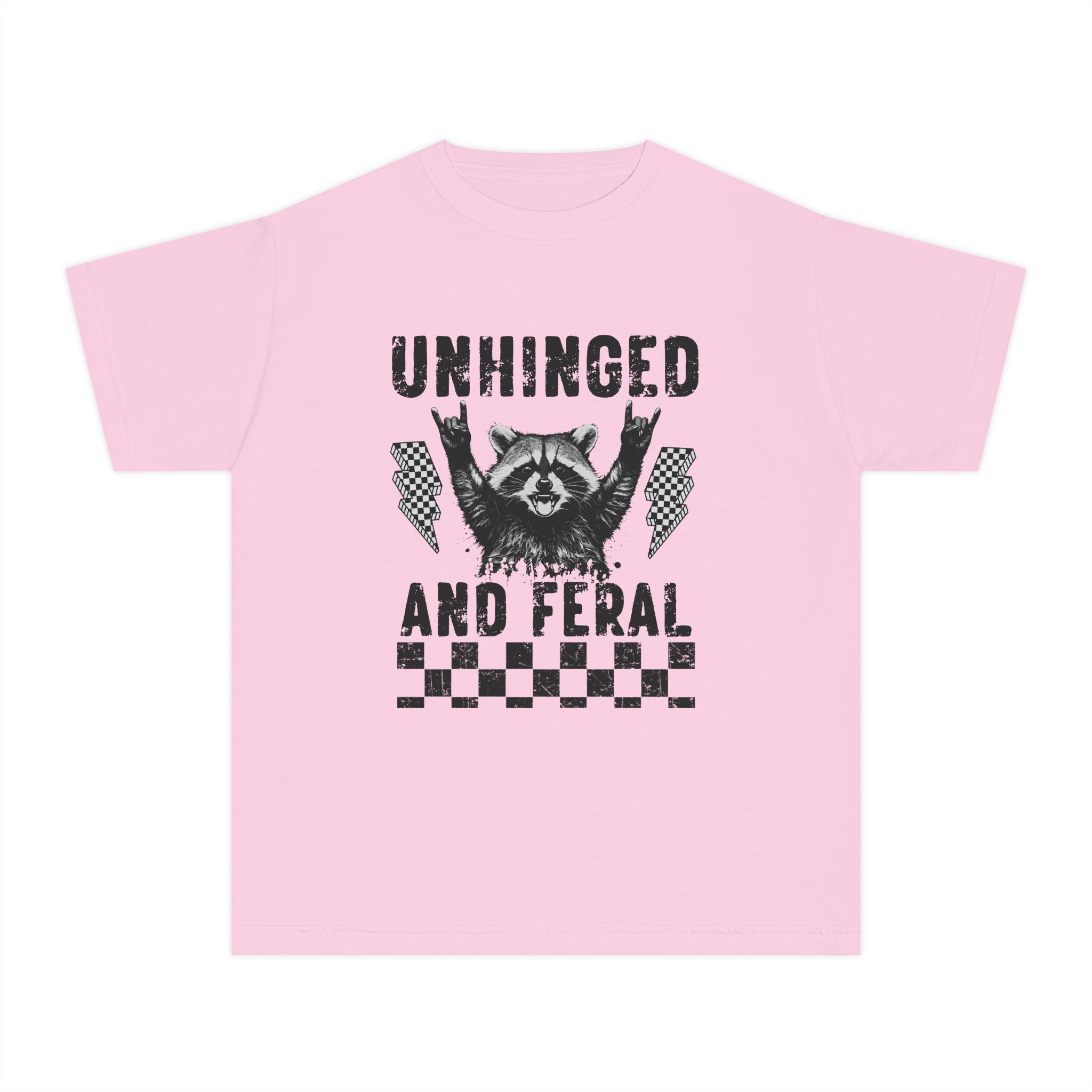 Youth Tee — "Unhinged and Feral" Raccoon Graphic