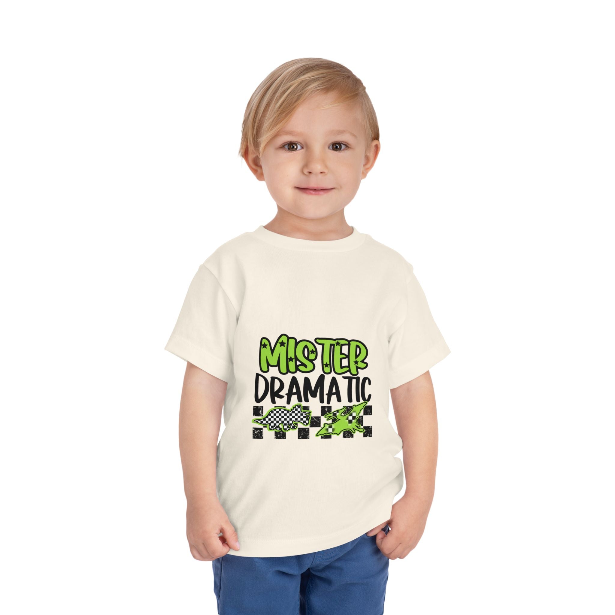 Toddler Tee — "Mister Dramatic" Neon Green Check Dinosaur Shirt