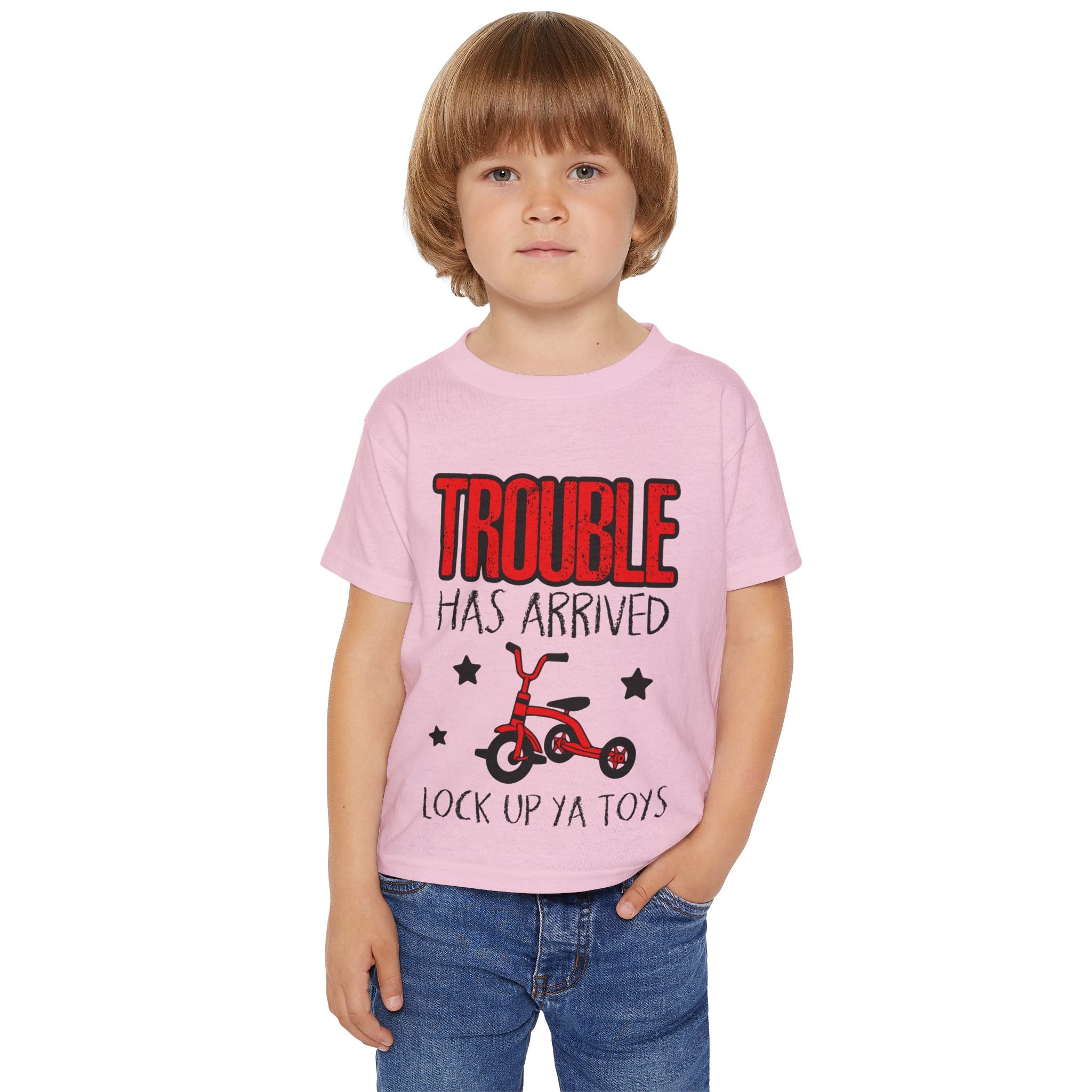 Toddler T-Shirt — “Trouble Has Arrived” Red Tricycle Funny Kids Tee