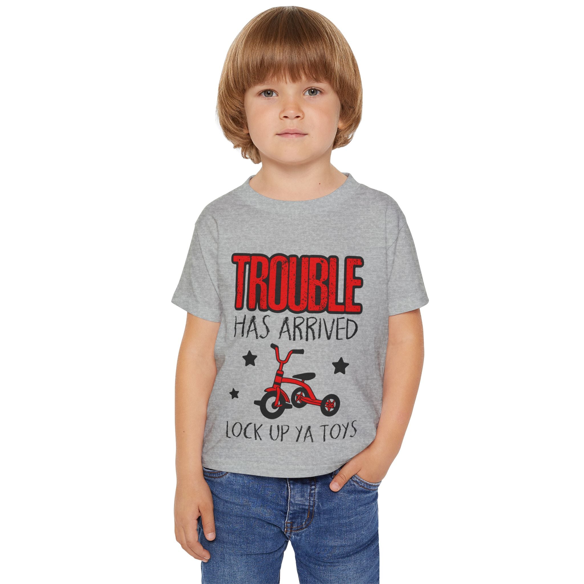 Toddler T-Shirt — “Trouble Has Arrived” Red Tricycle Funny Kids Tee