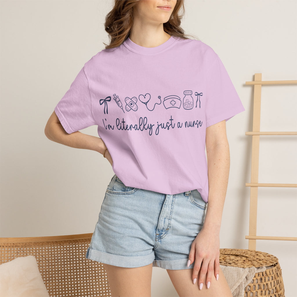 Nurse Crewneck T-Shirt — "I'm Literally Just a Nurse" Minimal Medical Icons Tee