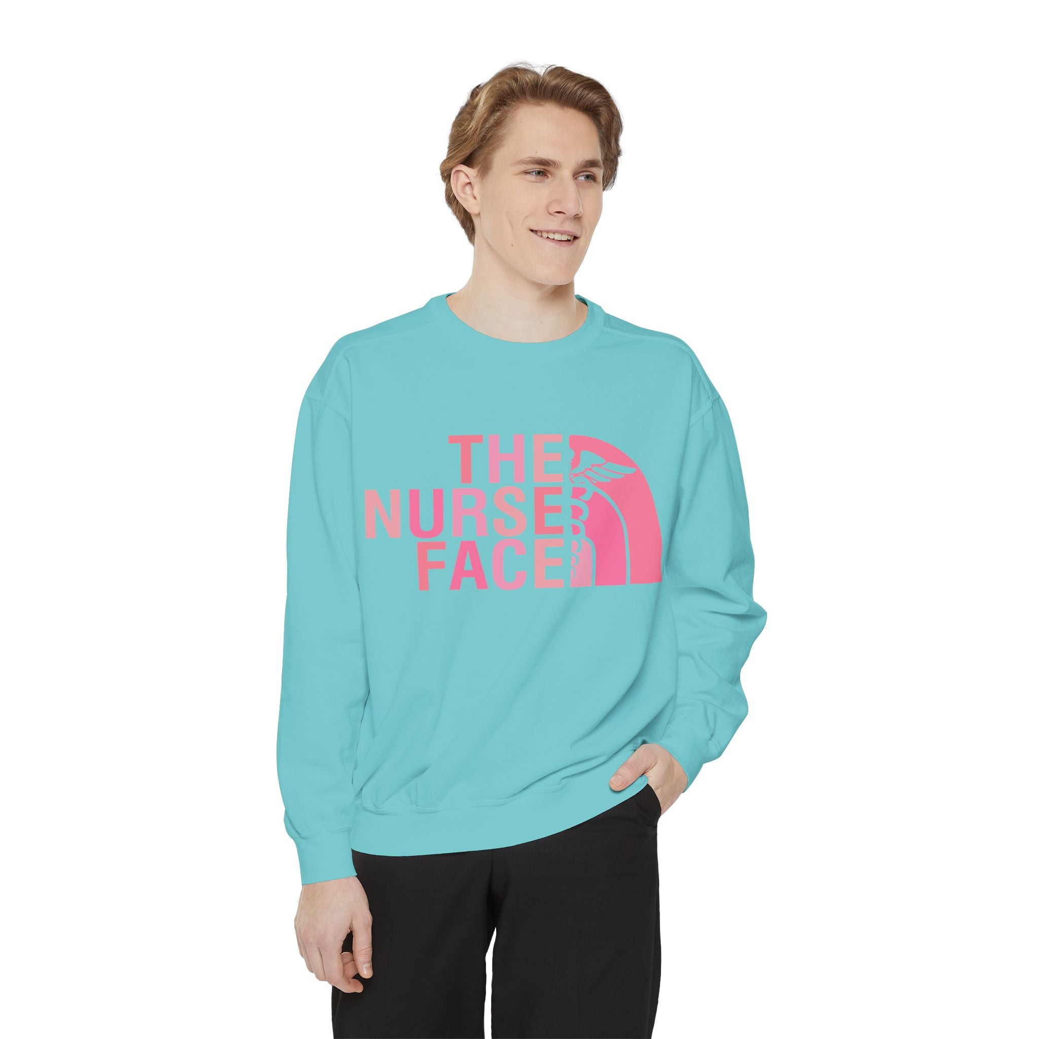 Nurse Face Sweatshirt — Pink Caduceus Retro Graphic Crewneck