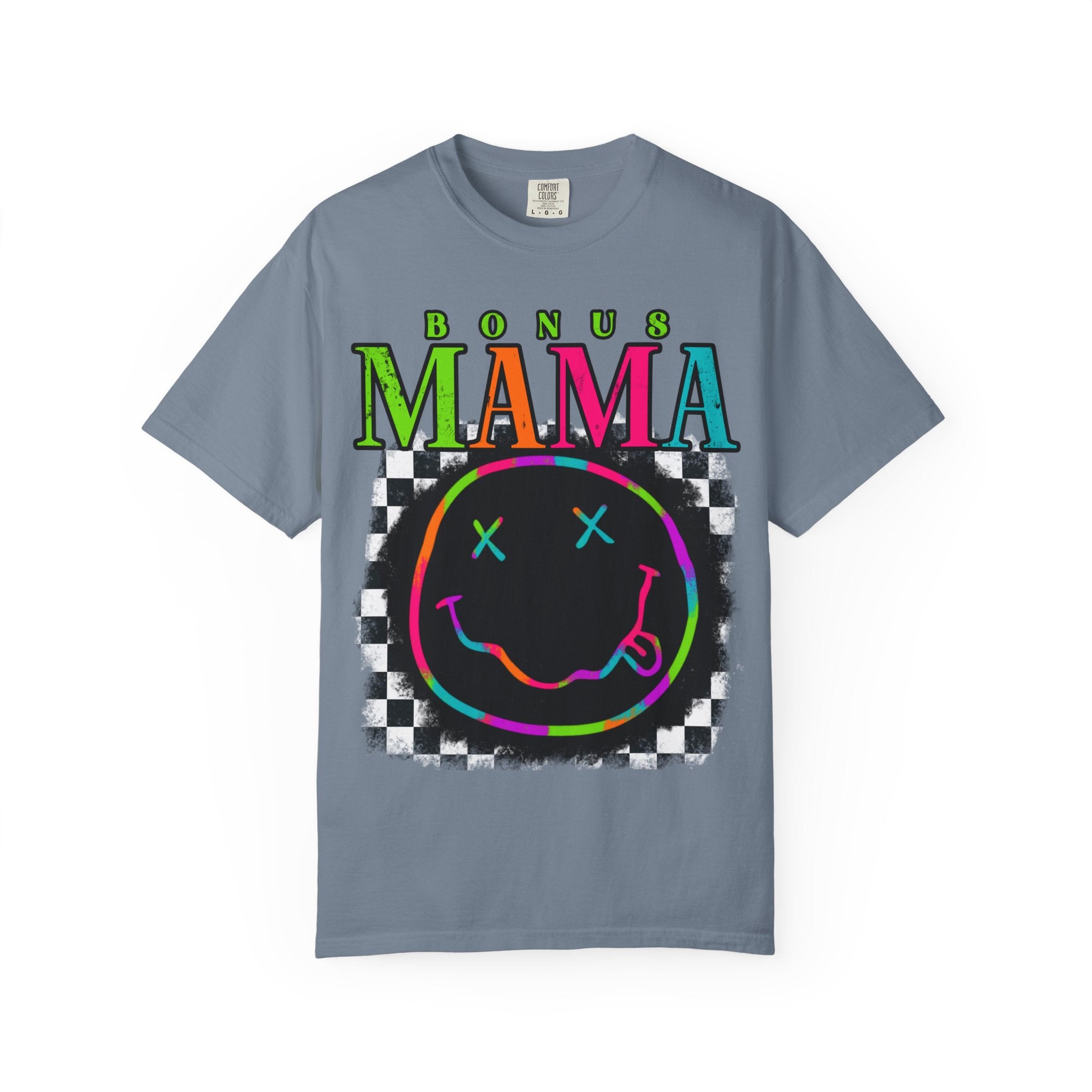 Bonus Mama Graphic T-Shirt — Neon Smiley Checkerboard Retro Tee
