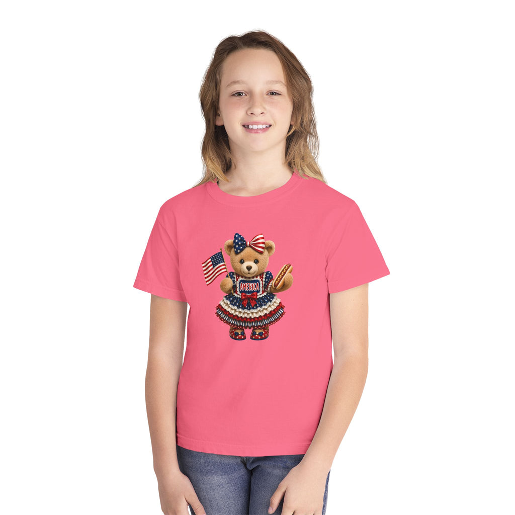 Youth Tee - Patriotic Bear Holding American Flag (4th of July Kids Shirt)