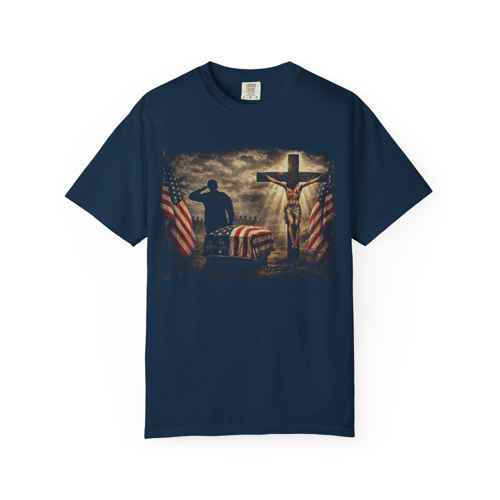 Christian Flag T-Shirt — Jesus on Cross with American Flag Graphic