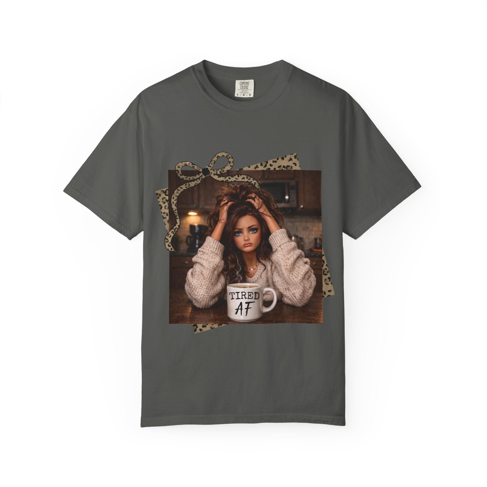 T-Shirt — 'Tired AF' Cozy Photo Tee (Leopard Accent)