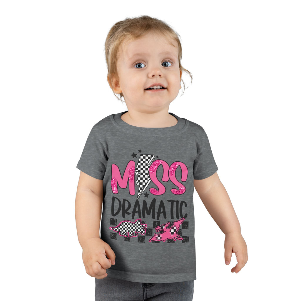 Toddler T-Shirt - "Miss Dramatic" Pink Checkered Dino Graphic