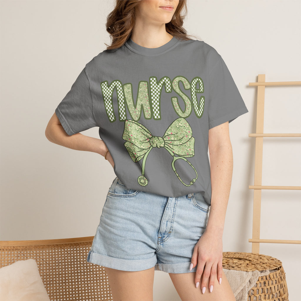 Nurse Bow Stethoscope T-Shirt — Cute Green Nurse Graphic Tee