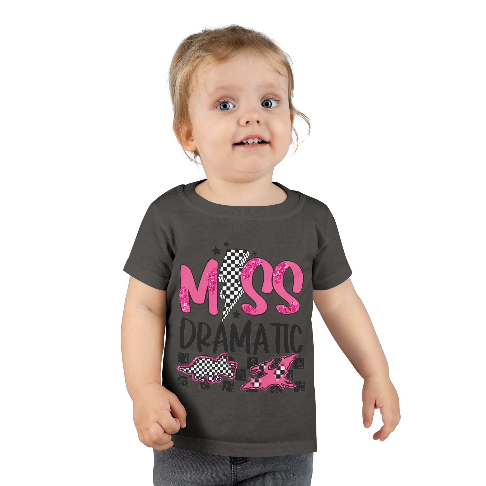 Toddler T-Shirt - "Miss Dramatic" Pink Checkered Dino Graphic