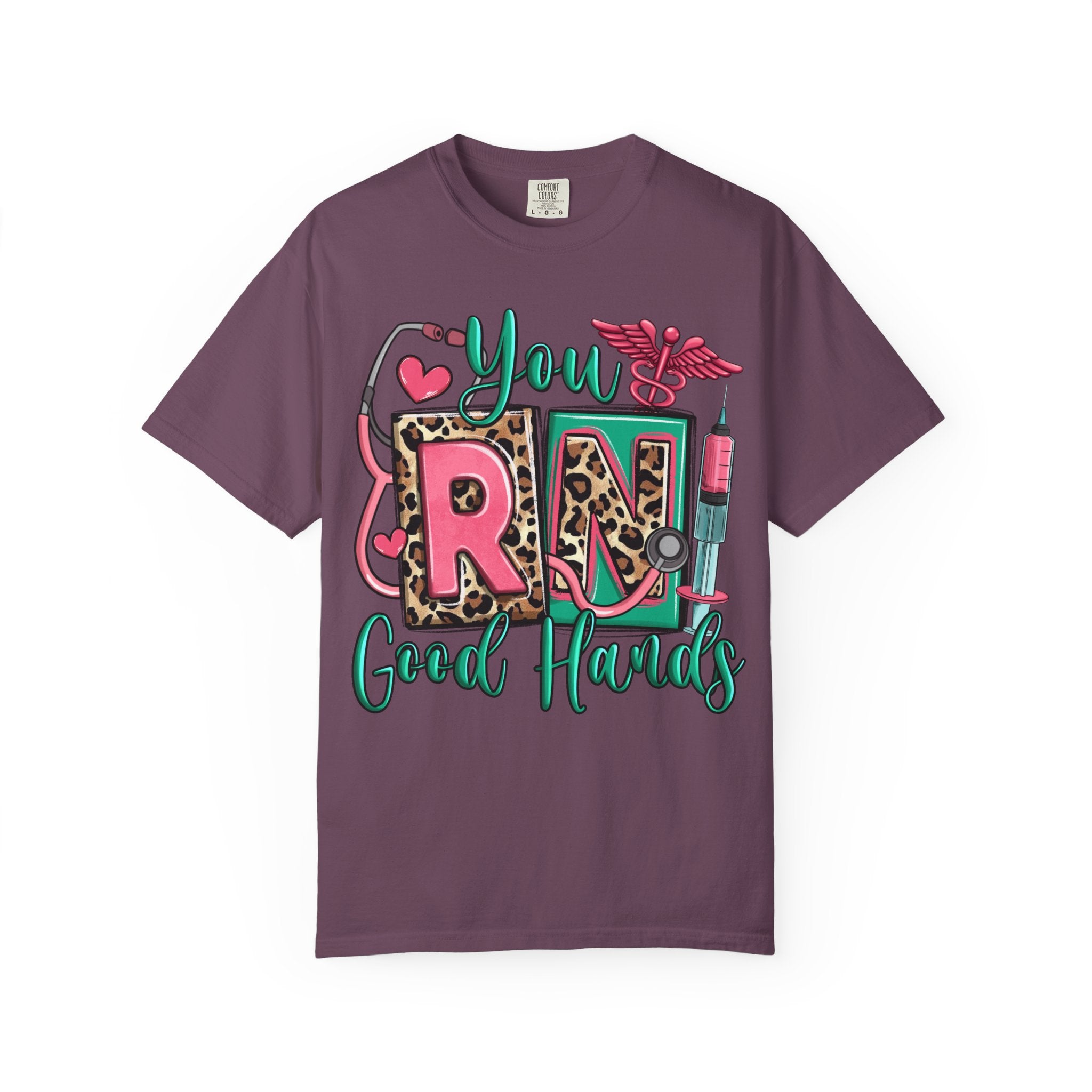 RN Good Hands T-Shirt — Cute Leopard Nurse Graphic Tee for Registered Nurses