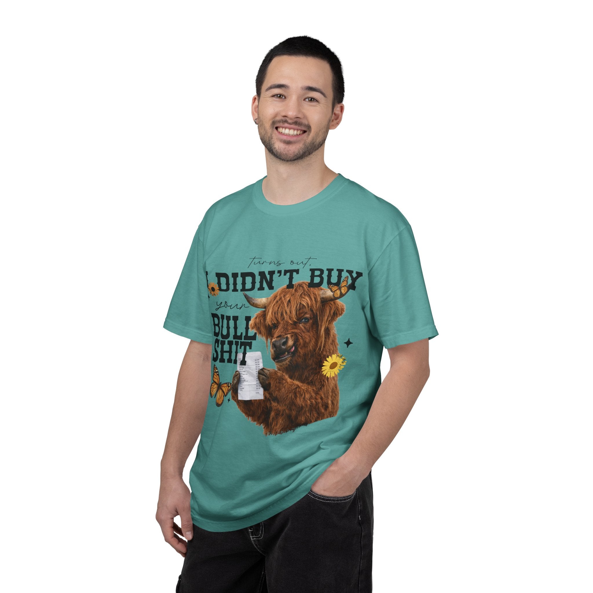 I Didn't Buy Bullshit T-Shirt – Highland Cow with Sunflower & Butterfly Graphic