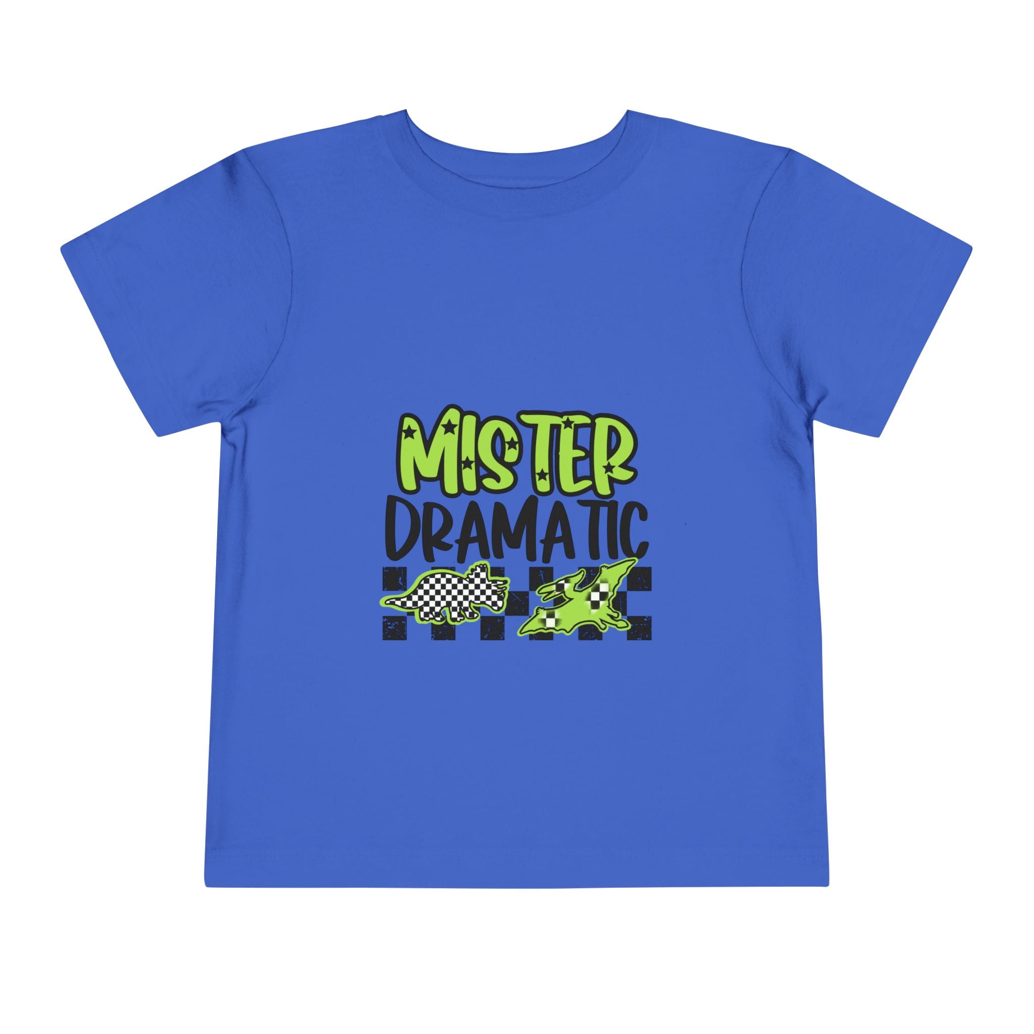Toddler Tee — "Mister Dramatic" Neon Green Check Dinosaur Shirt