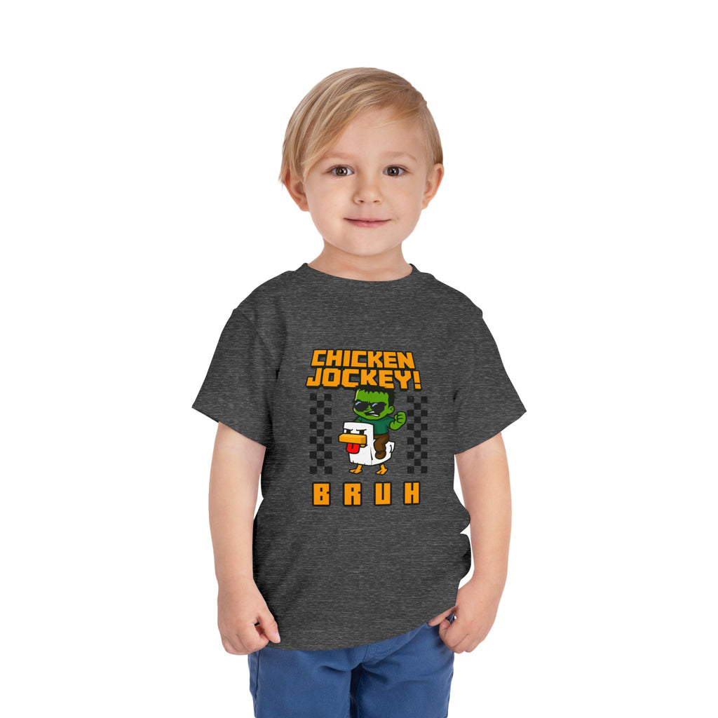 Toddler Tee — "Chicken Jockey! Bruh" Cartoon Racer Chicken Kids Shirt