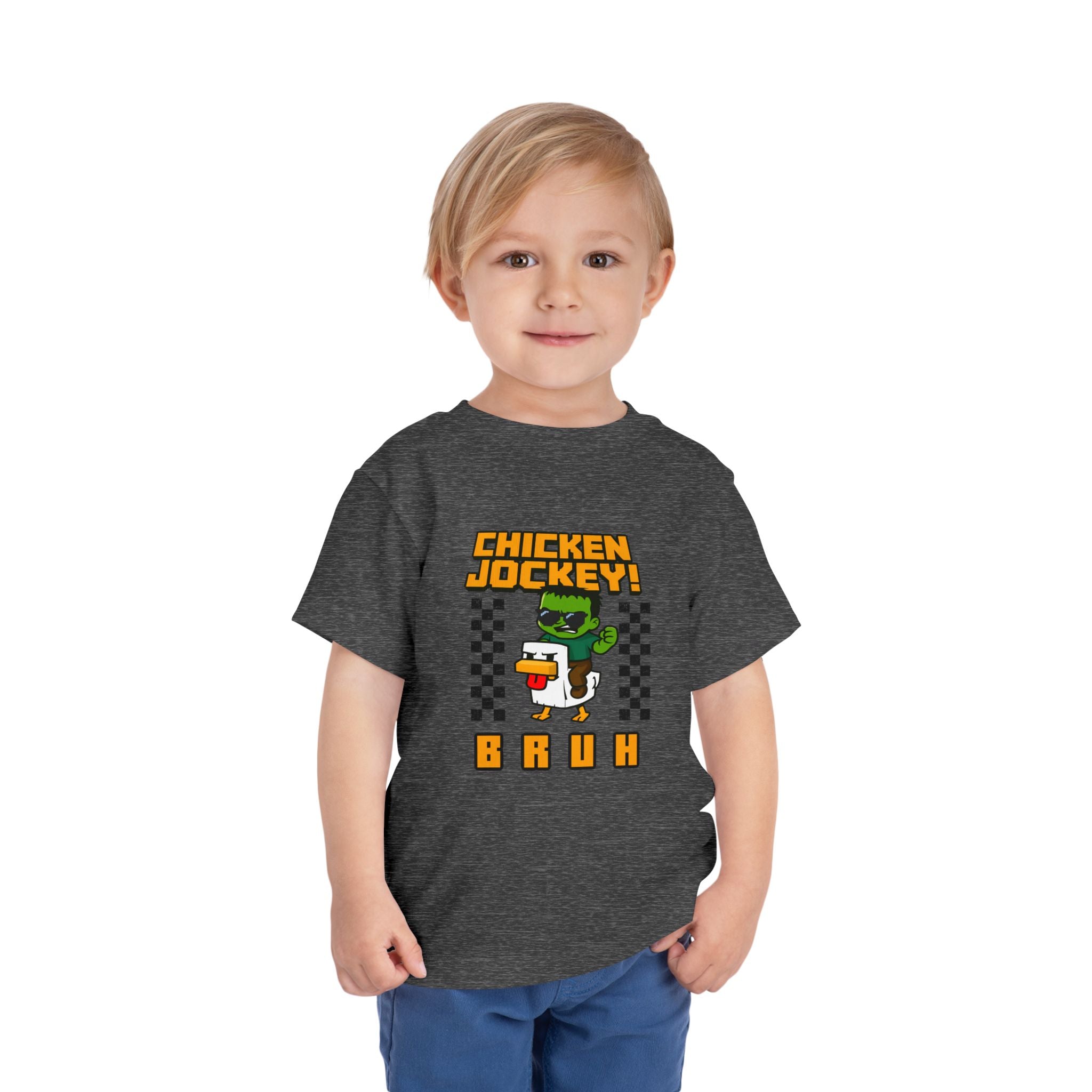 Toddler Tee — "Chicken Jockey! Bruh" Cartoon Racer Chicken Kids Shirt