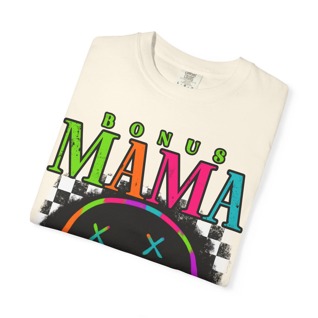 Bonus Mama Graphic T-Shirt — Neon Smiley Checkerboard Retro Tee