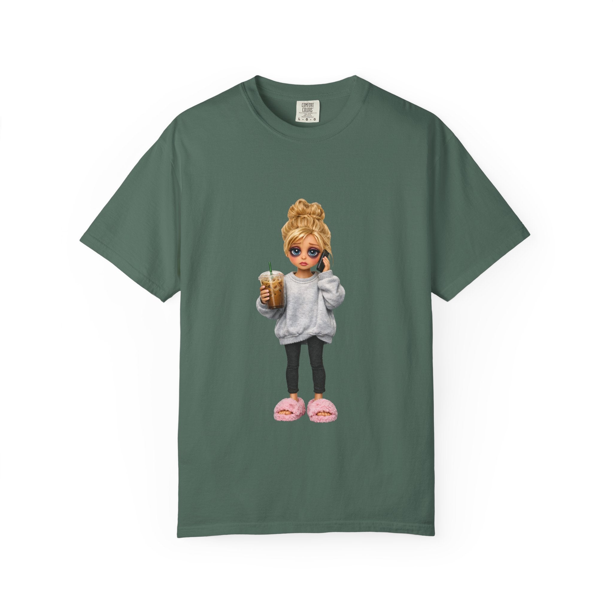 Cozy Morning Doll Graphic T-Shirt — Cute Girl in Slippers Coffee Tee