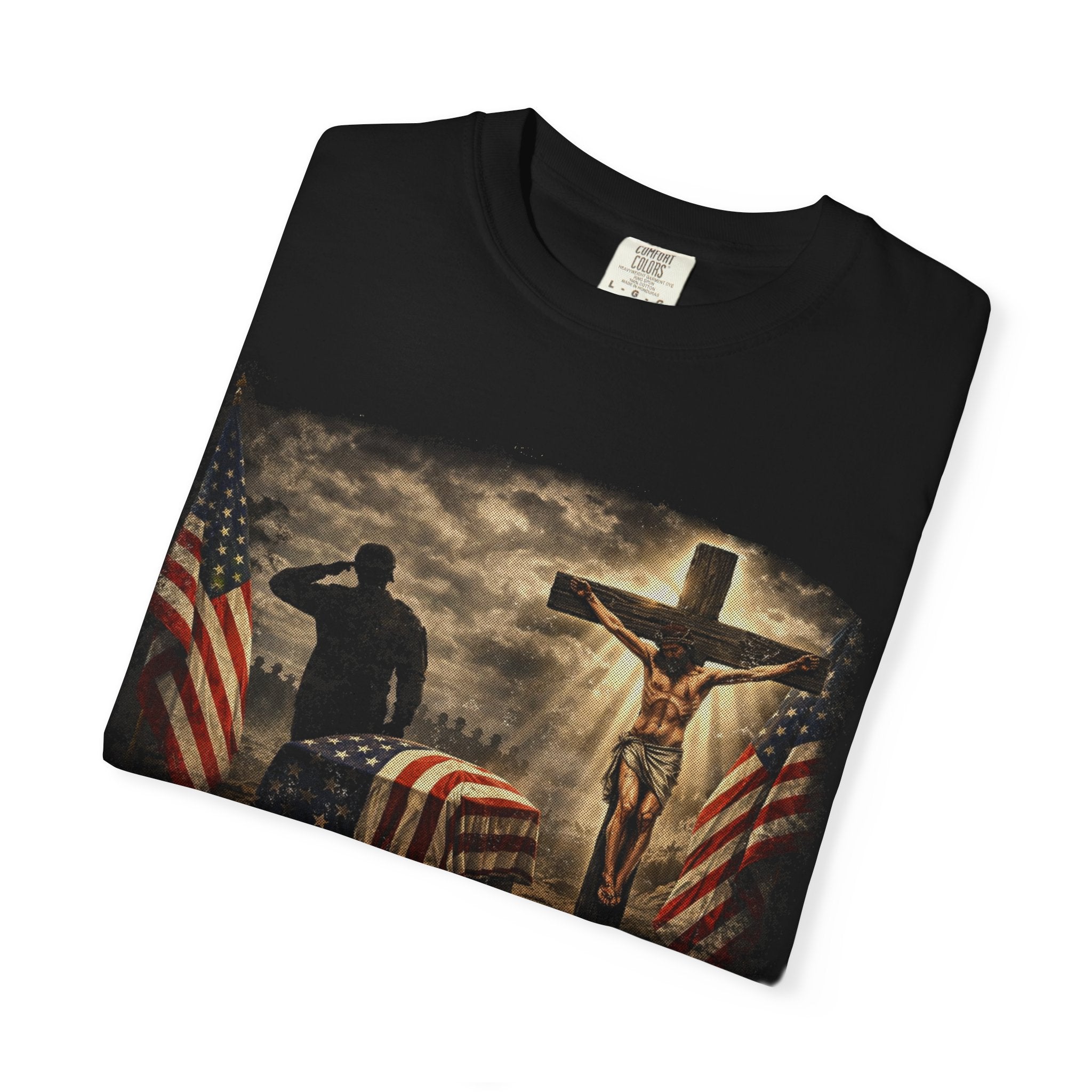 Christian Flag T-Shirt — Jesus on Cross with American Flag Graphic