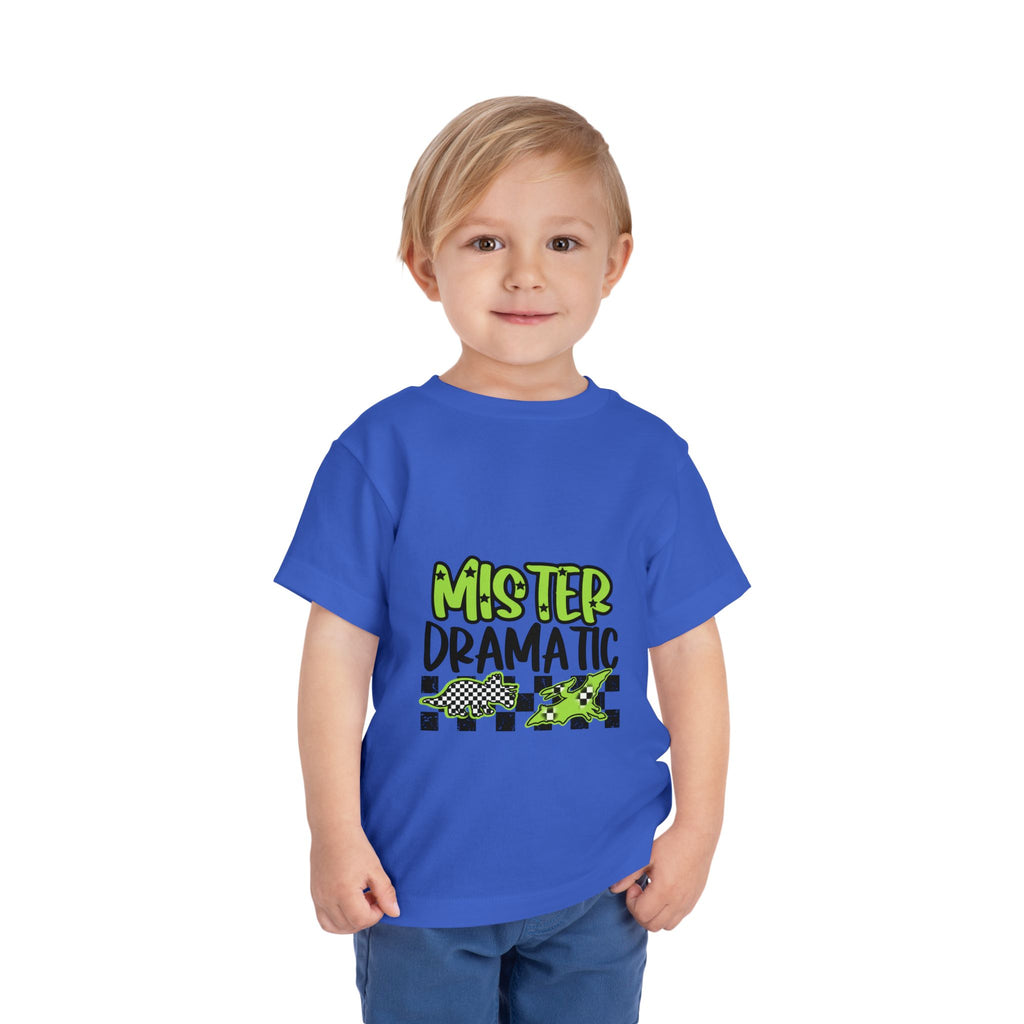 Toddler Tee — "Mister Dramatic" Neon Green Check Dinosaur Shirt