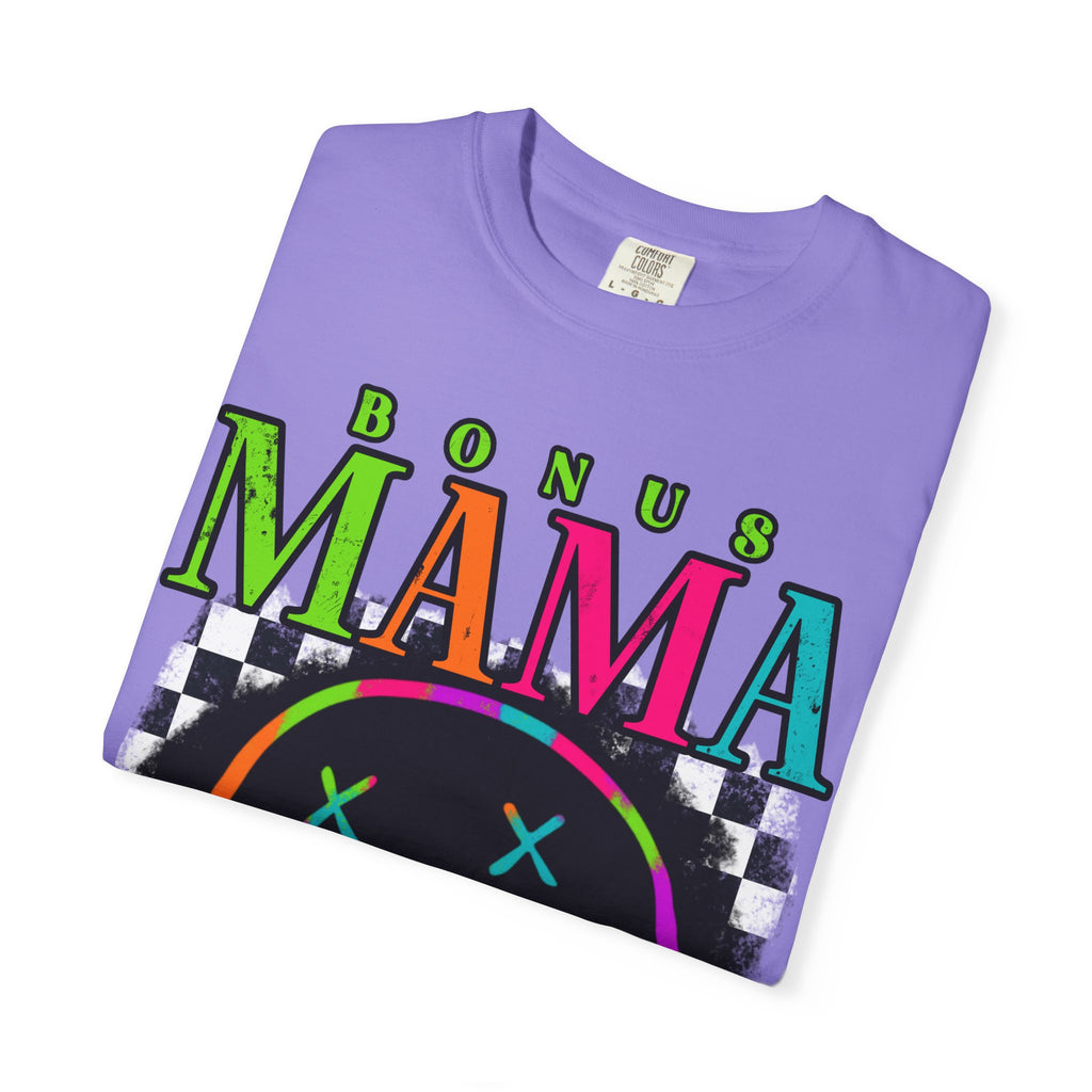 Bonus Mama Graphic T-Shirt — Neon Smiley Checkerboard Retro Tee
