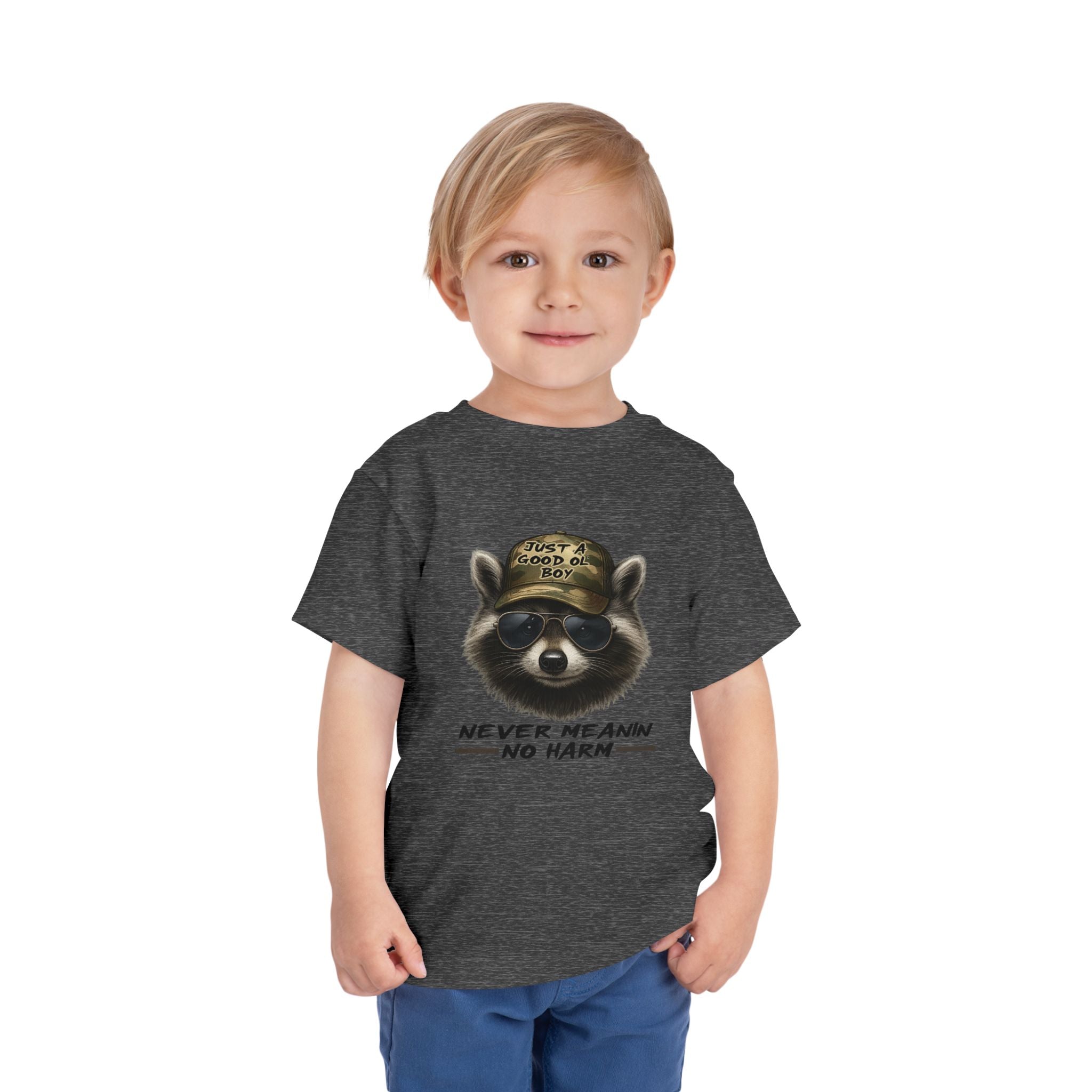 Toddler Tee - Raccoon with Hat "Never Meanin No Harm" Kids Graphic Shirt