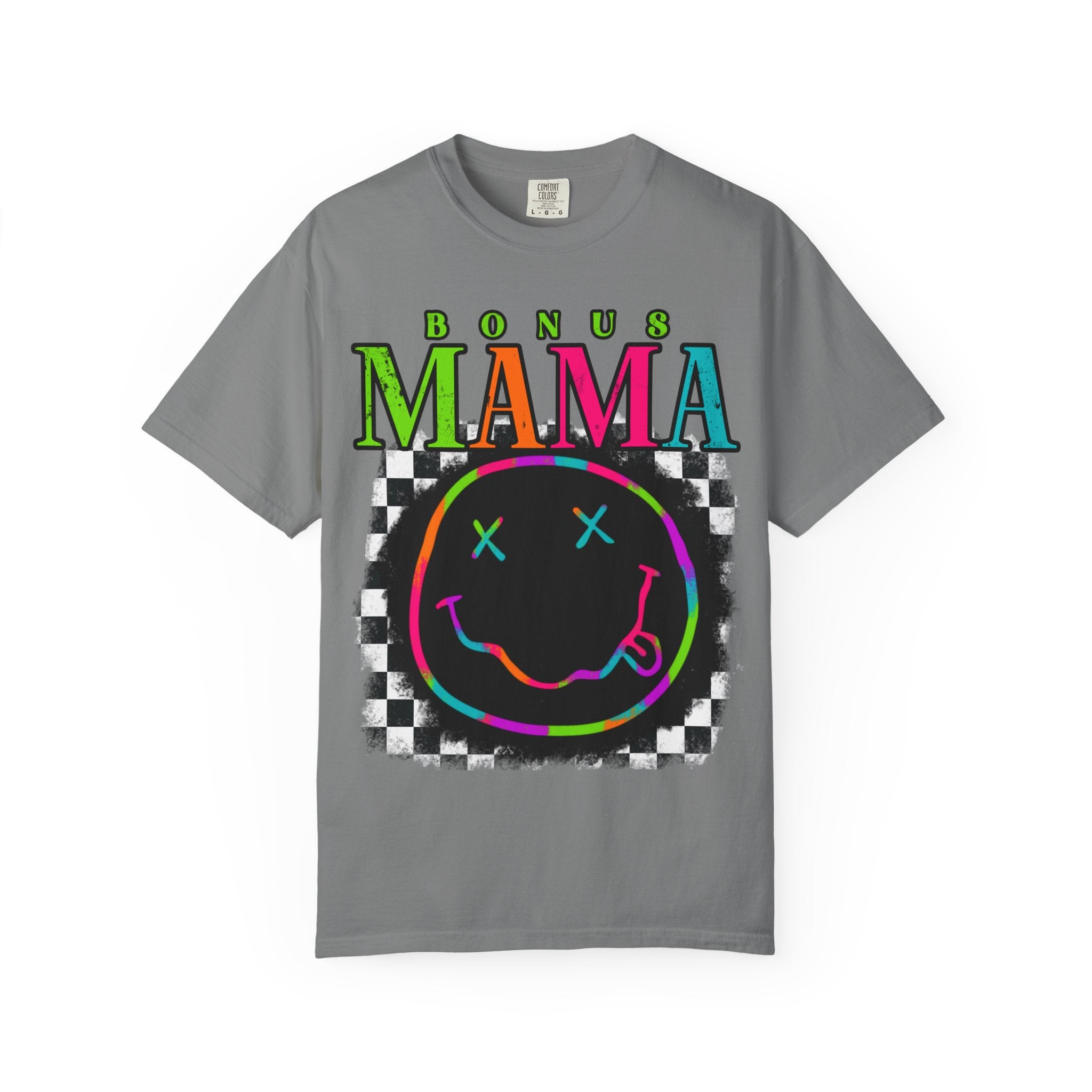 Bonus Mama Graphic T-Shirt — Neon Smiley Checkerboard Retro Tee