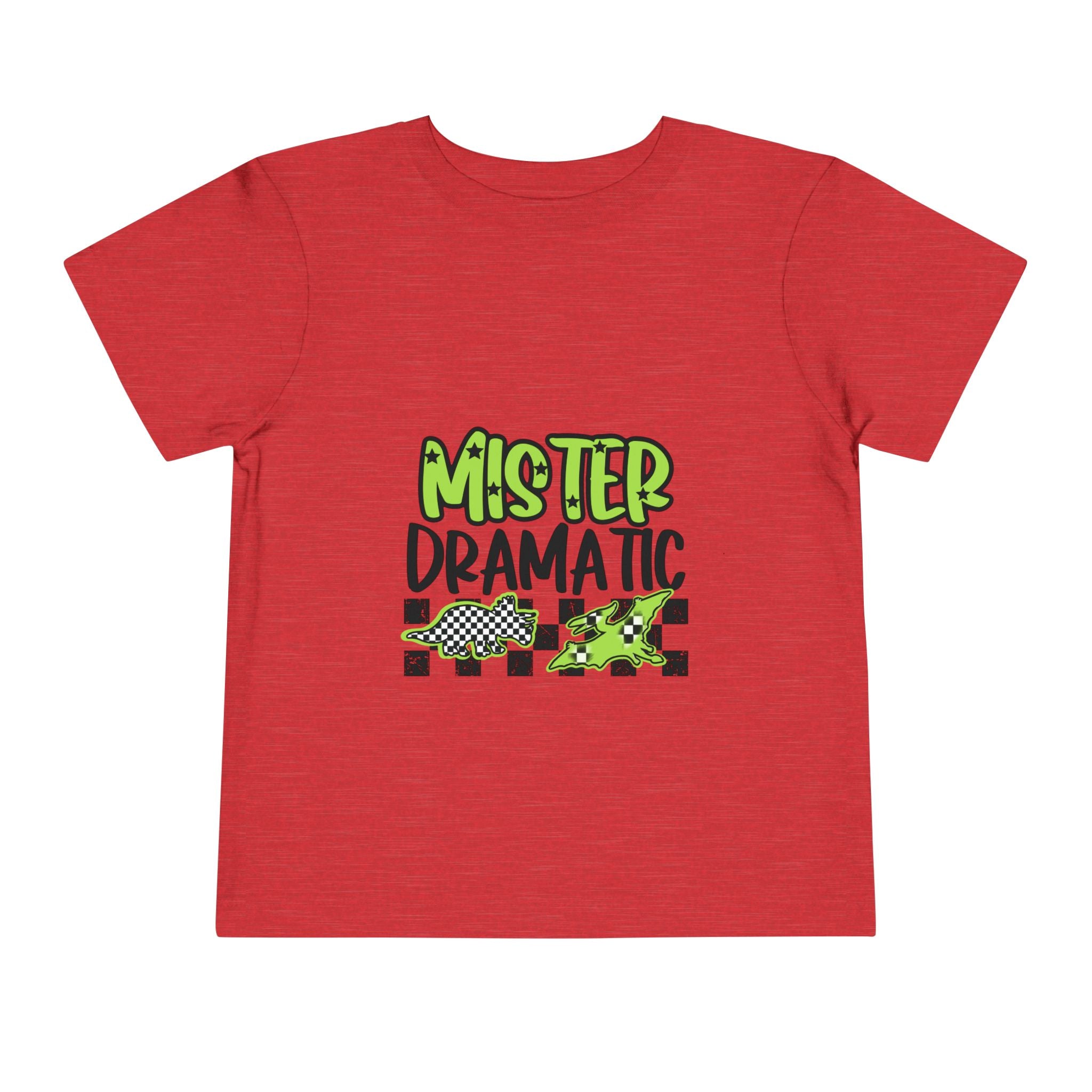 Toddler Tee — "Mister Dramatic" Neon Green Check Dinosaur Shirt