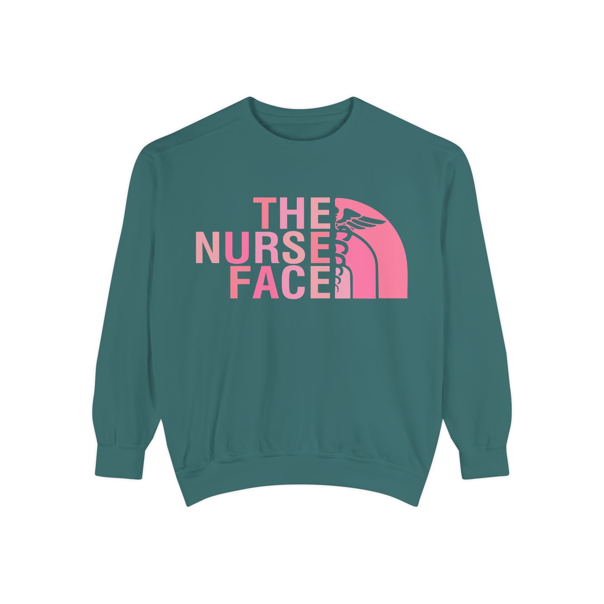 Nurse Face Sweatshirt — Pink Caduceus Retro Graphic Crewneck