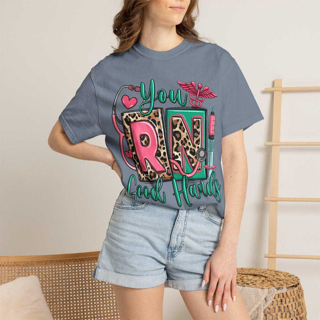 RN Good Hands T-Shirt — Cute Leopard Nurse Graphic Tee for Registered Nurses