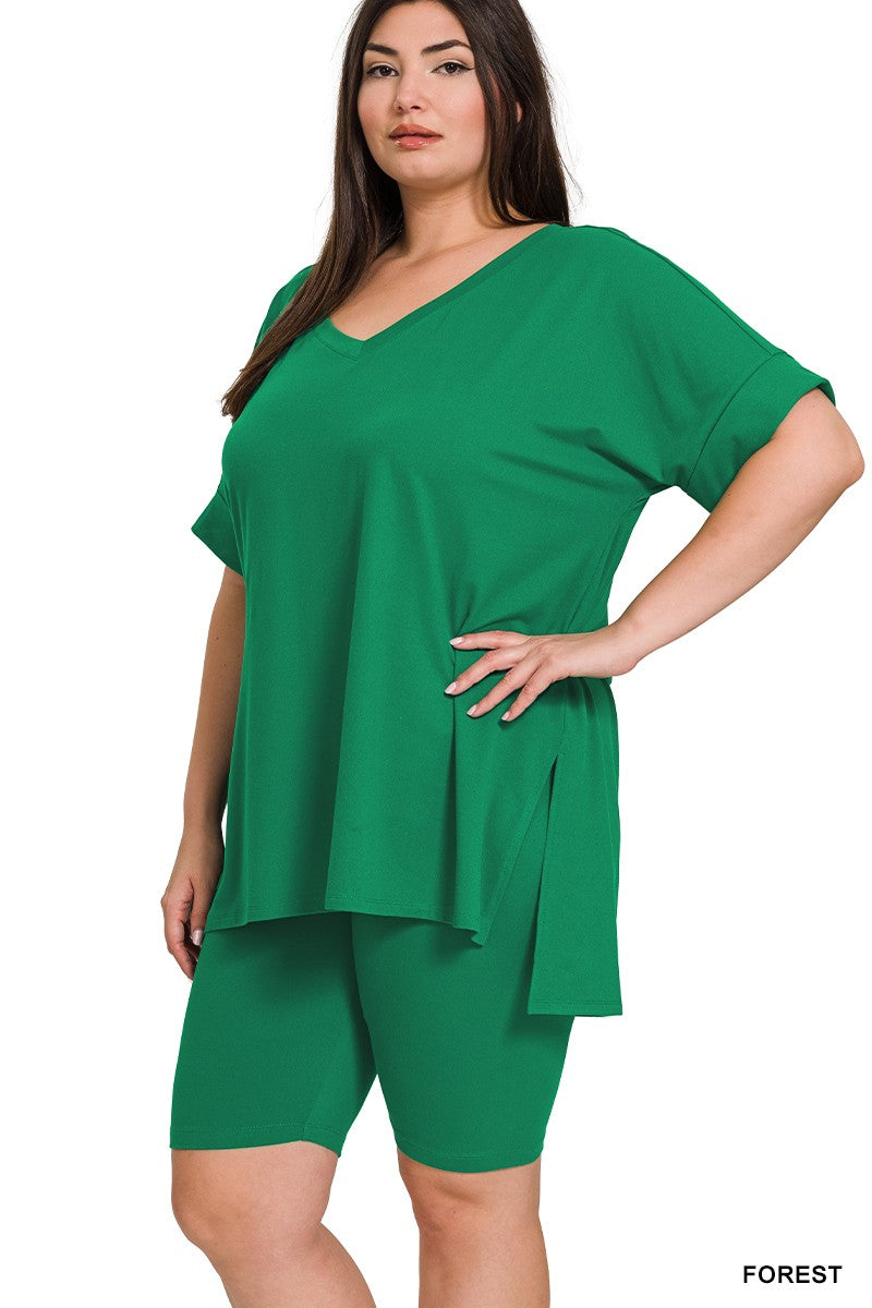 Plus Forest Green Brushed Dty Microfiber V-neck Top & Biker