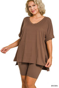 Plus Brown Brushed Dty Microfiber V-neck Top & Biker