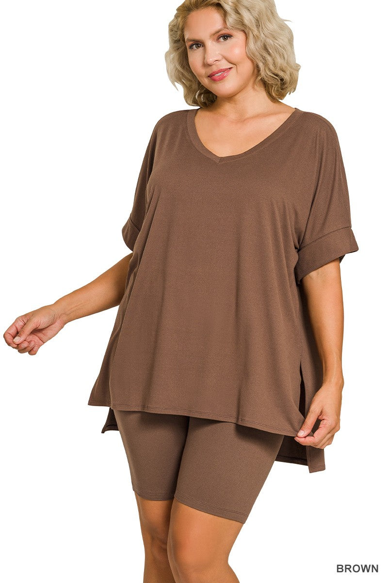 Plus Brown Brushed Dty Microfiber V-neck Top & Biker