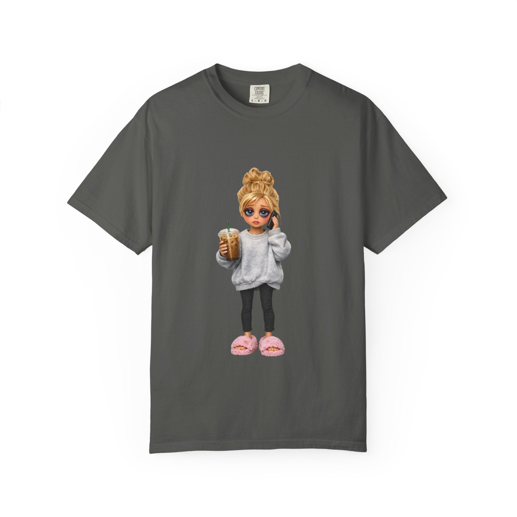 Cozy Morning Doll Graphic T-Shirt — Cute Girl in Slippers Coffee Tee