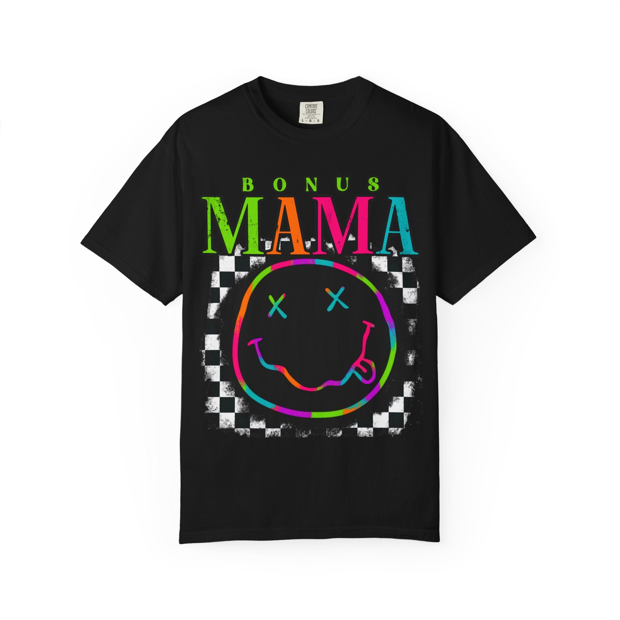 Bonus Mama Graphic T-Shirt — Neon Smiley Checkerboard Retro Tee