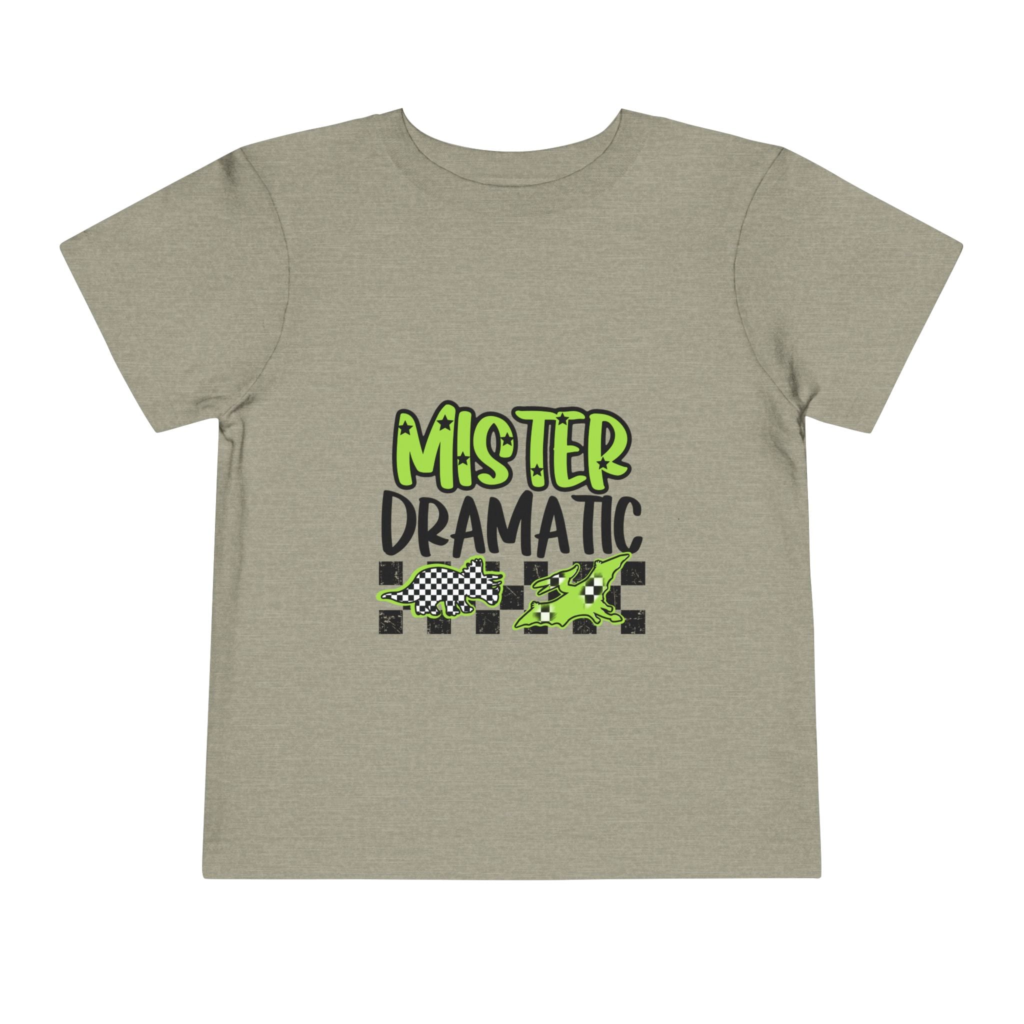 Toddler Tee — "Mister Dramatic" Neon Green Check Dinosaur Shirt